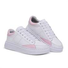 Tênis feminino de amarrar com elástico em couro legítimo palmilha gel