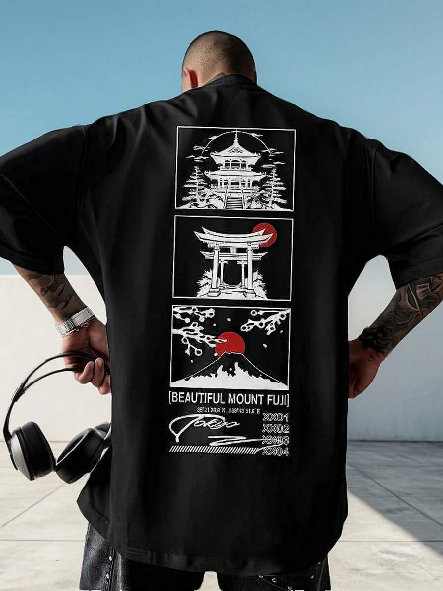 Men's Oversized Japanese Mount Cotton Printed Shirt - màu đen - Xem 1