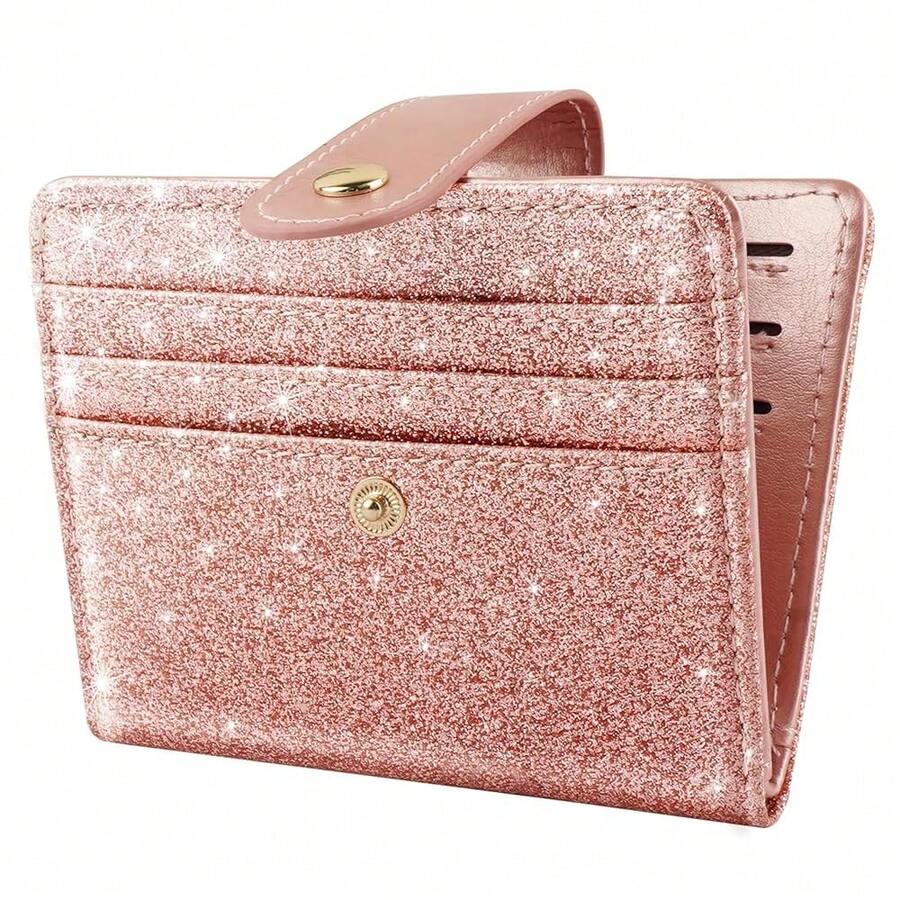 Slim Bifold Wallet RFID Credit Card Wallet Glitter Leather Small Cute Card Holder For Women, Rose Gold{"Color_name":"GlitterRoseGold"} - 多色14 - 查看 1
