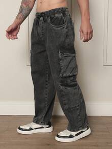 New Model Men's Cargo Pants Black Washed Faded Original Straight Loose Jeans With 8 Pockets - smoke gray - View 1