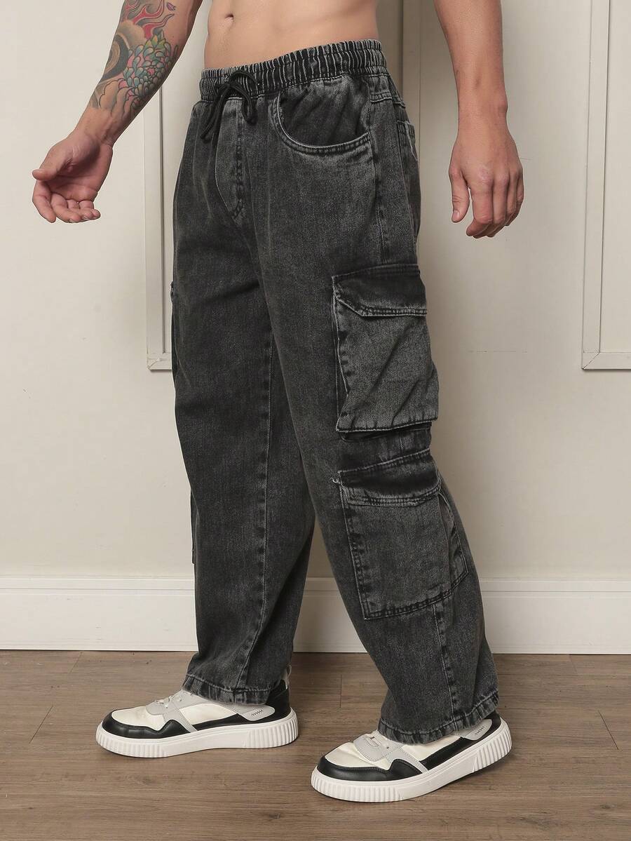 New Model Men's Cargo Pants Black Washed Faded Original Straight Loose Jeans With 8 Pockets - smoke gray - View 1