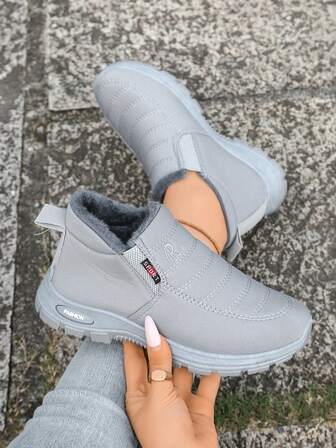 Women's Winter Casual Ankle Boots, Solid Color Faux Fur Thick Sole, Warm Thermal Lining, Round Toe Flat -On