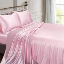 Silky Soft Pink Twin XL Satin Bed Sheets Set, 1 Deep Pocket Fitted Sheet + 1 Flat Sheet + 1 Pillowcase,  In 2025 - 粉色 - 查看 2