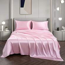 Silky Soft Pink Twin XL Satin Bed Sheets Set, 1 Deep Pocket Fitted Sheet + 1 Flat Sheet + 1 Pillowcase,  In 2025 - 粉色 - 查看 4