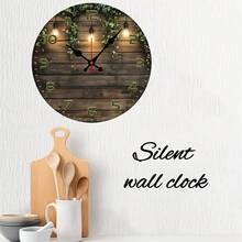 10inch Country Wood Veneer Round Wall Clock - Silent, No Battery Required, Vintage Slat Design, With Chandelier And Greenery Decoration - Perfect For Living Room, Bedroom, Kitchen, Office Decoration Or Outdoor Gatherings, Living Room Decoration | Vintage Wall Clock | Wood Veneer Table,Wall Decor,Room Decor,Home Deocr,House Essentials,Picks - Multicolor/15in/25cm - View 6