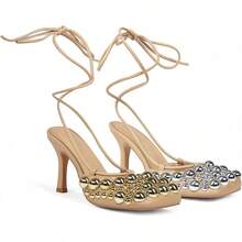 Saint Leia Women's 4IN High Heel Sandals Nude Stiletto Pumps With Gold Silver Pearls Heels For Weddings Parties And Evening WearChristmas - 裸金銀 - 查看 12