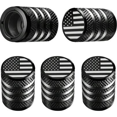 Tire Valve Stem Cap Cover - (5 Pack) Tire Air Cap Metal With Plastic Liner Corrosion Resistant Leak-Proof American Flag For Car Truck Motorcycle Bike Black