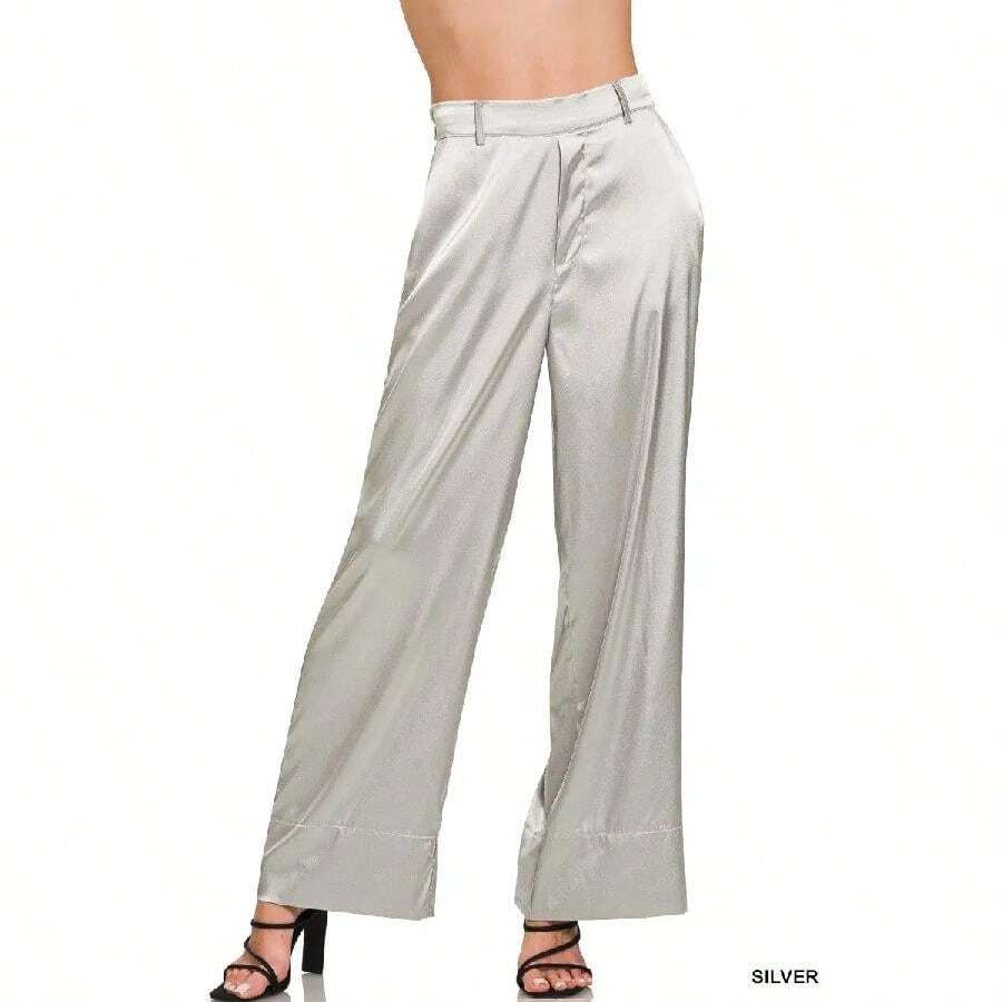 Zenana Wide-Leg Satin Pants - Silver - View 1
