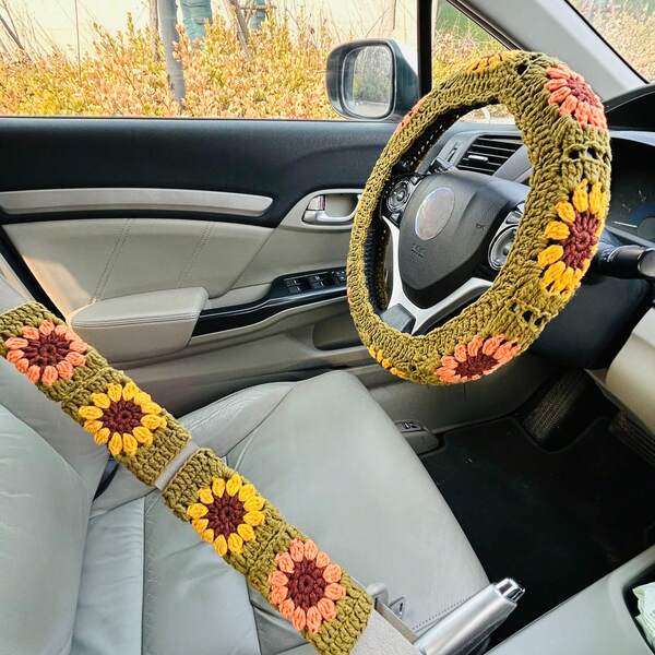 onEternal 1 Handmade Crocheted Olive Green Steering Wheel Cover And 2 Seatbelt Covers Car Interior Decor Set