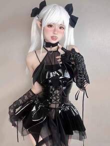 一套（项圈*1 + 连衣裙*1）性感泰迪熊内衣，万圣节角色扮演洛丽塔性感女巫恶魔宝贝服装 - 黑色 - 查看 5