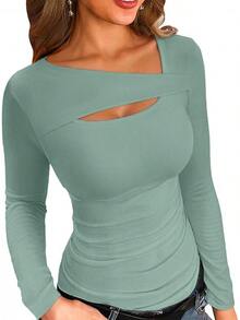 Womens Fashion Fall Cutout Long Sleeve Ribbed Slim Fitted Tops Shirts Tee Tshirts - Long-moss Green - View 12