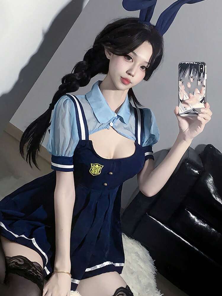 1 Set Sexy Rabbit Officer Dress, JK Pleated Suspender Skirt, Bunny Girl Campus Student Uniform Outfit - Blue - View 6