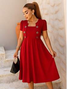 Ribbed Evangelical Midi Dress With Buttons Elegant Feminine For Party, Work And Worship Simple Mesh Buttons In The Front Tie Hem With Ruffles Godet Midi Dress Evangelical Fashion Dating Holidays All - 紅色 - 查看 3