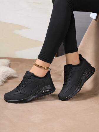 Damskor för utomhusbruk med fleecefoder, rund tå och snörning, varma vintersportskor, avslappnad campusstil, mångsidiga för löpning