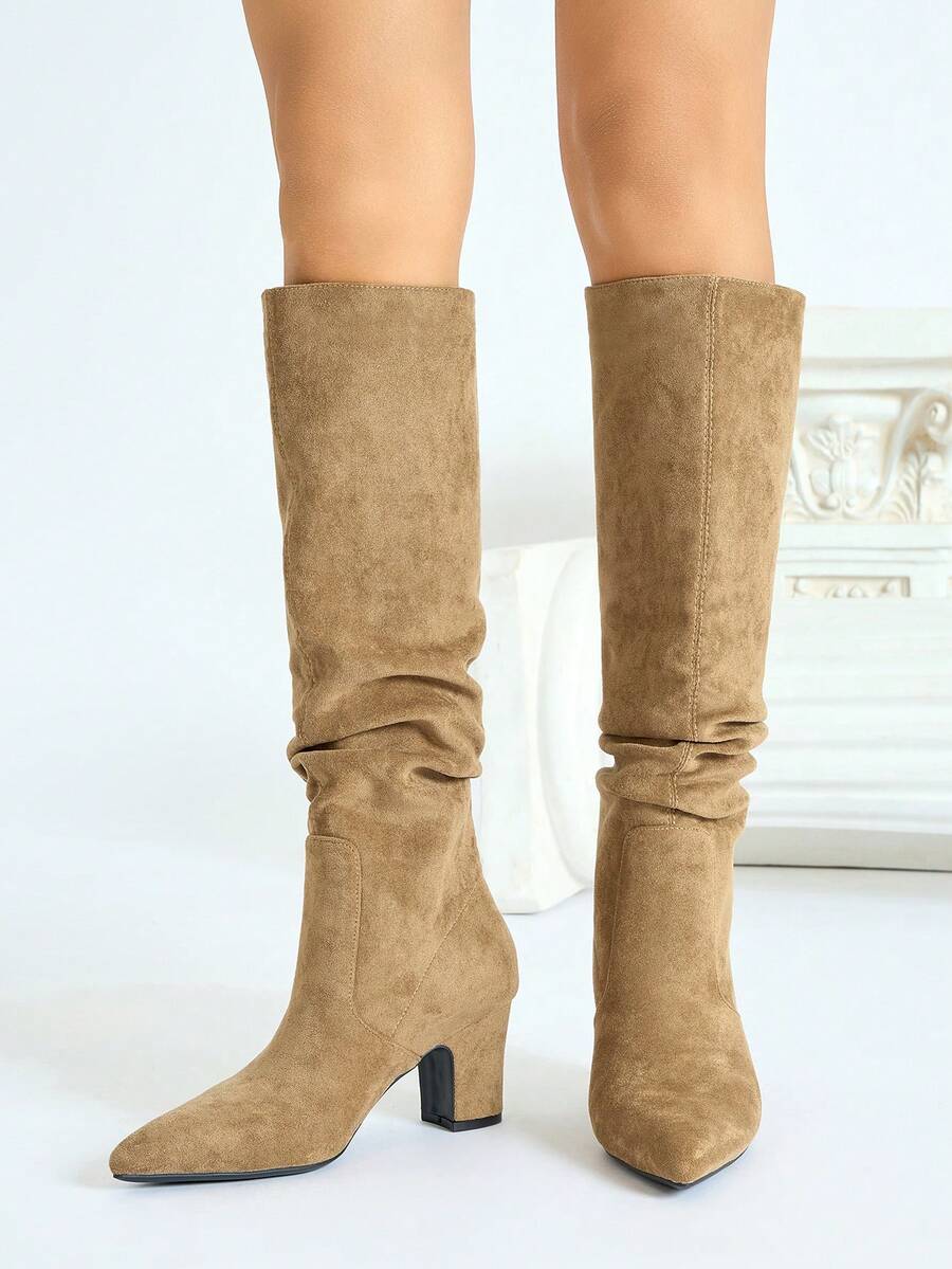 女士时尚热销尖头褶皱高跟绒面革和皮革及膝黑色靴子，秋冬