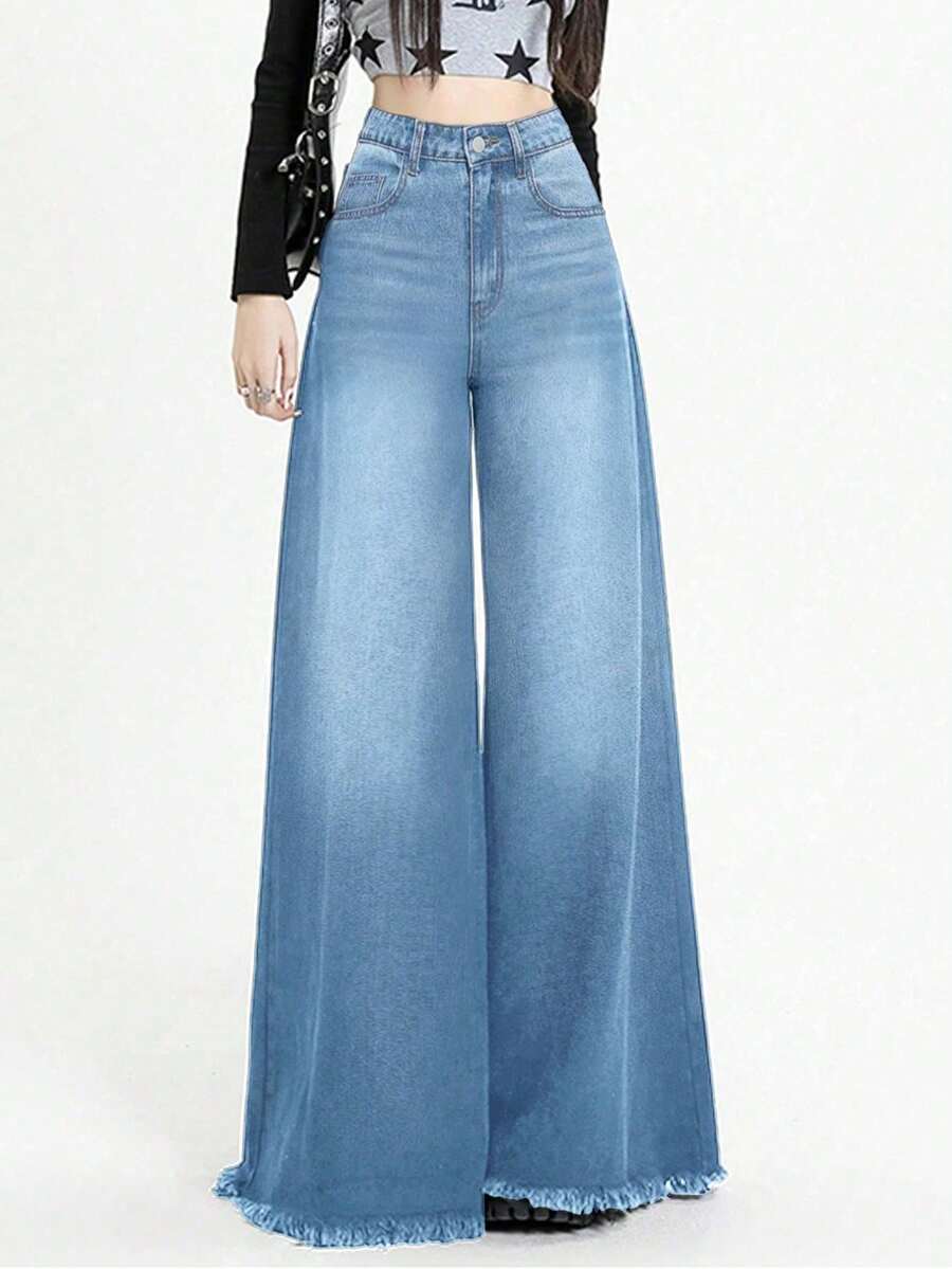 女式牛仔阔腿牛仔裤，长款，带毛边下摆和口袋，休闲风格，无弹力，蓝色猫须细节