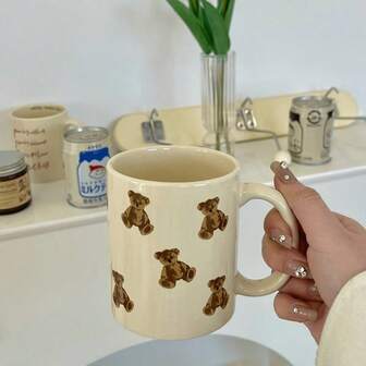 1pc Bear Pattern Ceramic Cup, Iced Coffee Cup, Perfect For Milk Tea, Beverages, Milk, Soda, Tea, Water, Household Items