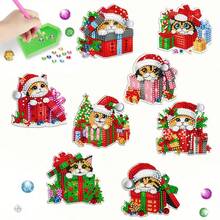 8 piezas Kit de pintura de diamantes, Lindo gatito con tema navideño - Imanes de nevera hechos a mano multicolor, Pegatinas para coche y nevera con accesorios de decoración DIY fáciles, Regalo adorable de Halloween y Navidad, Diamantes brillantes