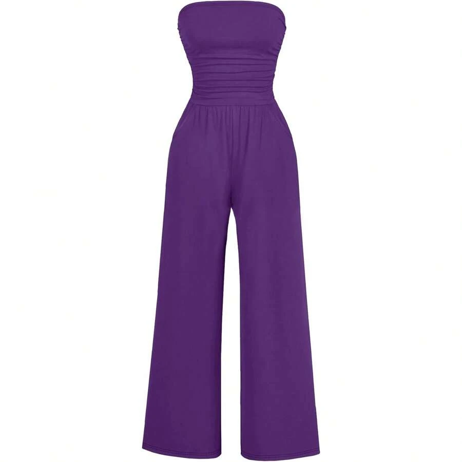 Women's Casual Summer Strapless Jumpsuits Off Shoulder Sleeveless Backless 2025 Wide Leg Romper With Pocket - 紫色 - 查看 1