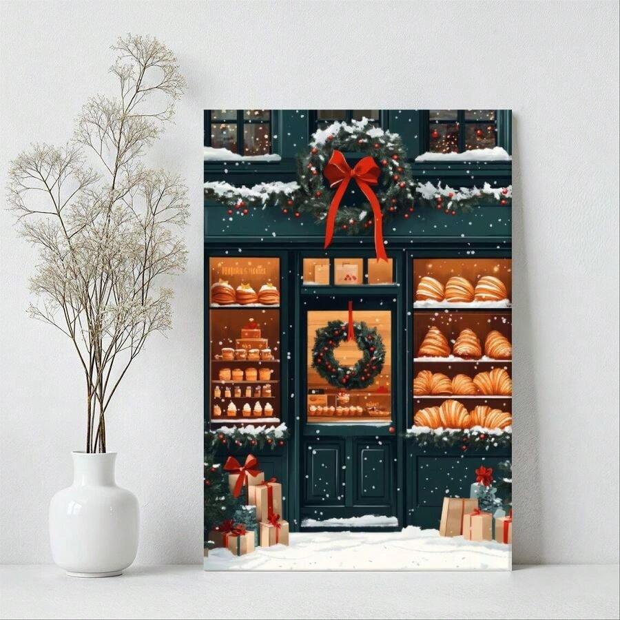 1pc Solid Wood Frame Christmas Patisserie, Holiday Bakery Shopfront Theme Canvas Posters & Prints, Large Canvas Wall Art, 2D Flat, Easy Hang Tabletop Or Wall Display, For Halloween, ChristmasGifts, Bedroom, Living Room, Decoration Ready To Hang - Nhiều màu - Xem 1