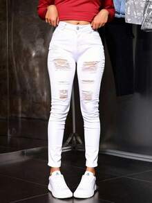 Jeans pantalon mezclilla jeans dama mujer femenino moderno juvenil casual dia noche moderno juvenil sexy trabajo tiro alto cintura alta oficina trabajo entubado skinny ajustado roturas desgastado destruido roto surprise jeans - Blanco - Ver 2