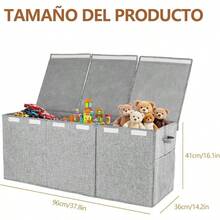 Baul para Juguetes, Caja para Juguetes con 2 Bolsillos Laterales de Malla, 96x 36x 41, Bal para Juguetes con 2 Divisores y Tapa, 3 Compartimentos, Almacenamiento de Juguetes Gris - gris - Ver 8