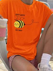 Camiseta con estampado de eslogan y abeja "No te preocupes, sé feliz", camiseta básica de hombros caídos, camisetas gráficas de tallas grandes para mujer
