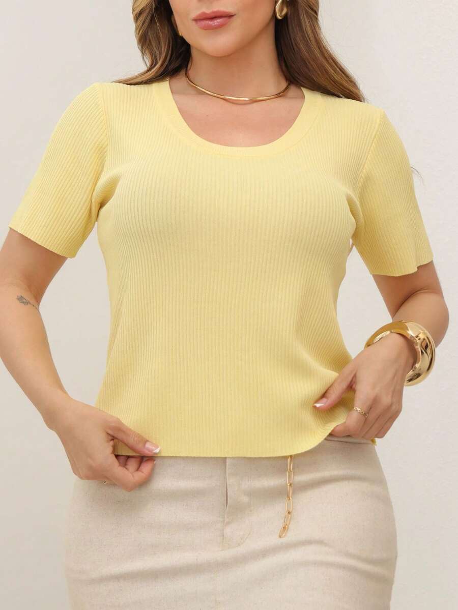 Women's Basic Ribbed Round Neck Blouse - Bebé amarillo - Ver 1