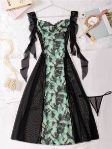 2 piezas Nuevo conjunto de lencería sexy, vestido de tirantes con cuello profundo y encaje con estampado digital y panty - Verde - Ver 12