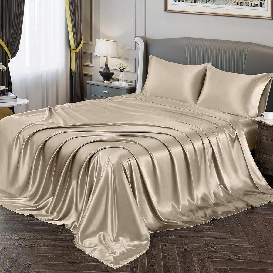 Silky Soft Pink Twin XL Satin Bed Sheets Set, 1 Deep Pocket Fitted Sheet + 1 Flat Sheet + 1 Pillowcase, In 2025 - 灰褐色 - 查看 1
