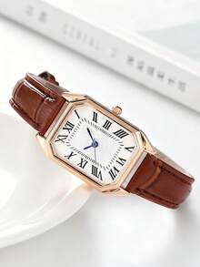 1pc Quartz Analog Watch, Square Roman Numeral Dial, Vintage Formal Watch, Rhinestone Decorated Wristwatch - Brown - View 3