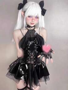 一套（项圈*1 + 连衣裙*1）性感泰迪熊内衣，万圣节角色扮演洛丽塔性感女巫恶魔宝贝服装 - 黑色 - 查看 3