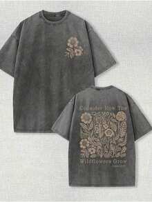 230g Washed, Secret Printed T-Shirt With Fresh Flowers, High-Quality Wax Printed Cotton Retro Fashion Brand T-Shirt, Men's T-Shirt, Beach Essential-61 - 深灰色 - 查看 7
