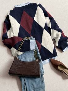 Autumn/Winter Fashion Comfortable Warm Rhombus Pattern Colorblock Crew Neck Loose Knit Pullover Sweater - Red and Blue - View 3
