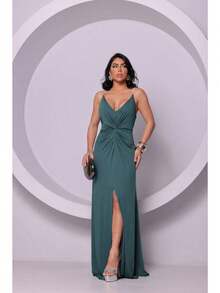 Vestido Longo Festa Feminino com Decote Profundo e Alça Brilhante - Verde Escuro - Visão 2