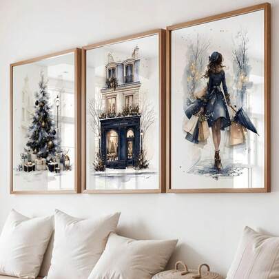 3-Piece Elegant Christmas Tree Watercolor Art Print Set Watercolor Christmas Fashion Print Christmas Holiday Decor Stylish Christmas Ornaments Christmas Hanging Decorations Canvas Wall Art Christmas Decorations Christmas-Themed Wall Art Bedroom Decor Living Room Decor Room Decor Home Decor - Canvas (Optional Frame)