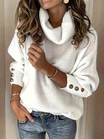 2025 Autumn/Winter New European And American Fashion Casual Loose Long Sleeve High Neck Knitted Sweater, Button Closure Pullover Top For Women