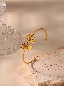 1 Pc Fashion Bow Open Bracelet For Women Gold Color Stainless Steel Geometric Bracelet Birthday Party Jewelry Gift Valentines,Mom,Mother,Mother's Day,Gift