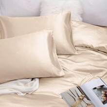 Silky Soft Pink Twin XL Satin Bed Sheets Set, 1 Deep Pocket Fitted Sheet + 1 Flat Sheet + 1 Pillowcase,  In 2025 - 米色 - 查看 5