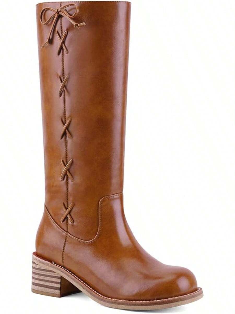 Women's Knee High Chunky Block Heel Square Toe Low Heel Boots, Style - Lace Saddle - View 1