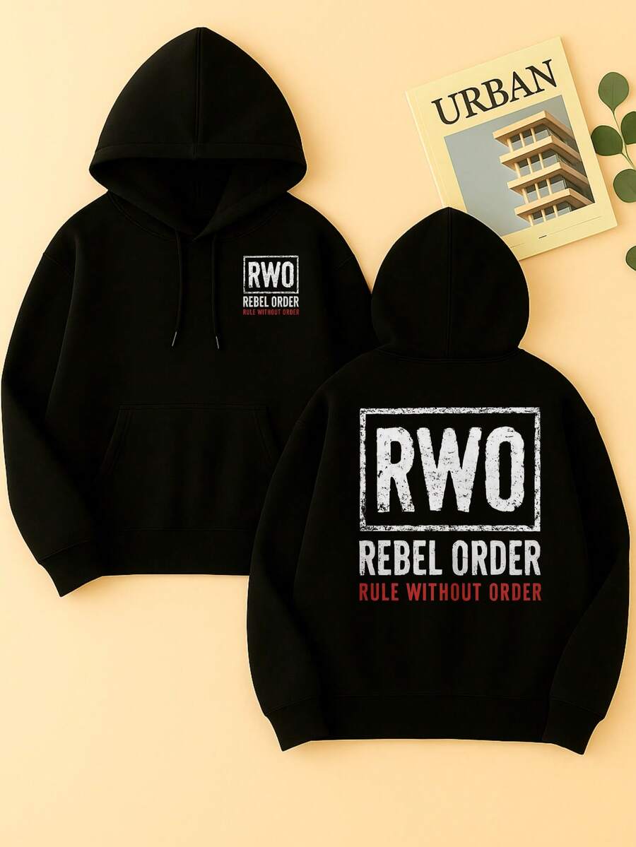 Women' Double-Sided Printed Hoodie Rwo Rebel Order Rule Without Order 500g Double-Sided Printed Hoodie, Suitable For All Seasons, Unisex, Perfect For Holidays, Daily Wear, And Parties - 黑色 - 查看 1
