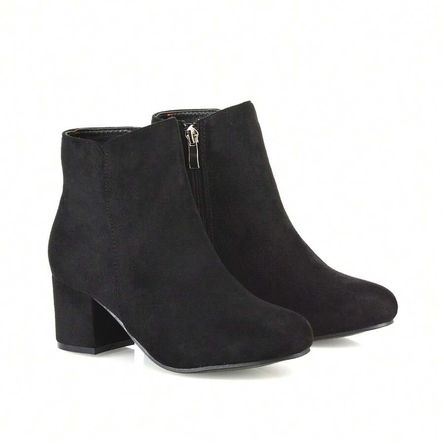 XY LONDON Saffy Women's Mid Block Heel Zip Up Ankle Boots, Black Suedette, Black Synthetic Leather, Brown Suedette, Plain, Casual, Smart, Autumn, Winter - Jet Black - View 1