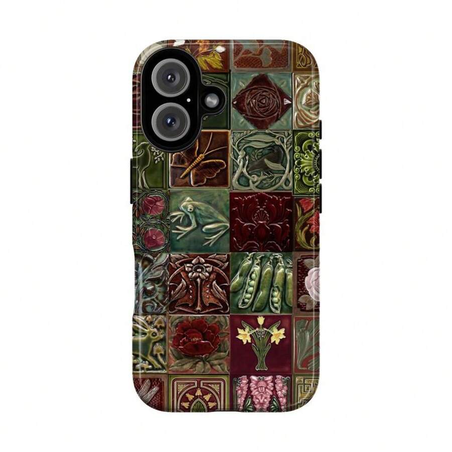 Vintage Tile - Rustic Floral & Frog Phone Case |   Compatible With IPhone 7–16 (SE, Plus, Pro, Pro Max) &  Galaxy S21–S24 (Plus, Ultra) -  Artistic Art Nouveau Tough Case, Aesthetic Cottagecore Collage Phone Cover - 混色 - 查看 1