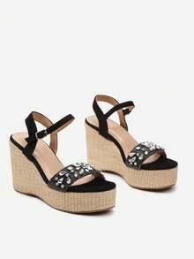 Boho Crystal Wedge Sandals Women Summer Beach Casual - Black - View 5
