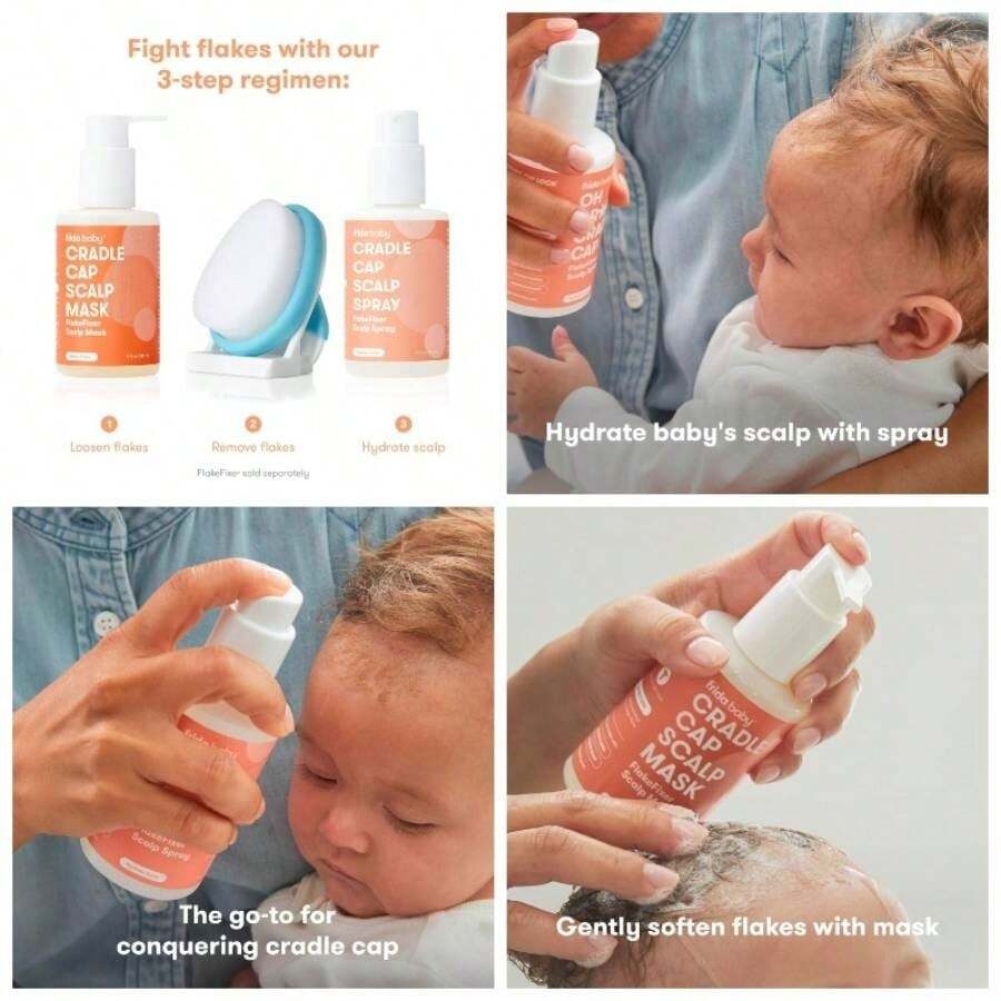 3 - Step Cradle Cap System, DermaFrida FlakeFixer, Sponge, Brush, Comb And Storage Stand With Cradle Cap, White - Blue - Scalp Mask+Spray Duo - View 1