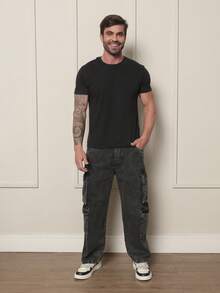 New Model Men's Cargo Pants Black Washed Faded Original Straight Loose Jeans With 8 Pockets - smoke gray - View 3