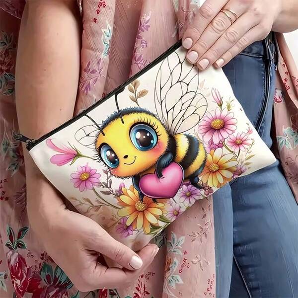1 pieza Bolsa de cosméticos con diseño lindo de abeja y floral - Organizador de maquillaje vibrante, bolsa de tocador multifuncional para viajes, negocios, gimnasio y campamento, bolsa de maquillaje | Accesorio divertido | Patrón colorido, bolsa de cosméticos pequeña