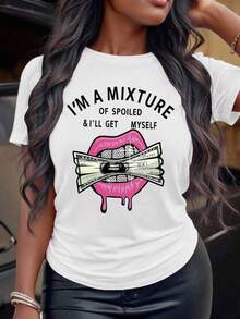 Plus Size Money & Lips Print Crew Neck T-Shirt, Casual Short Sleeve Top For Spring & Summer, Women's Clothing