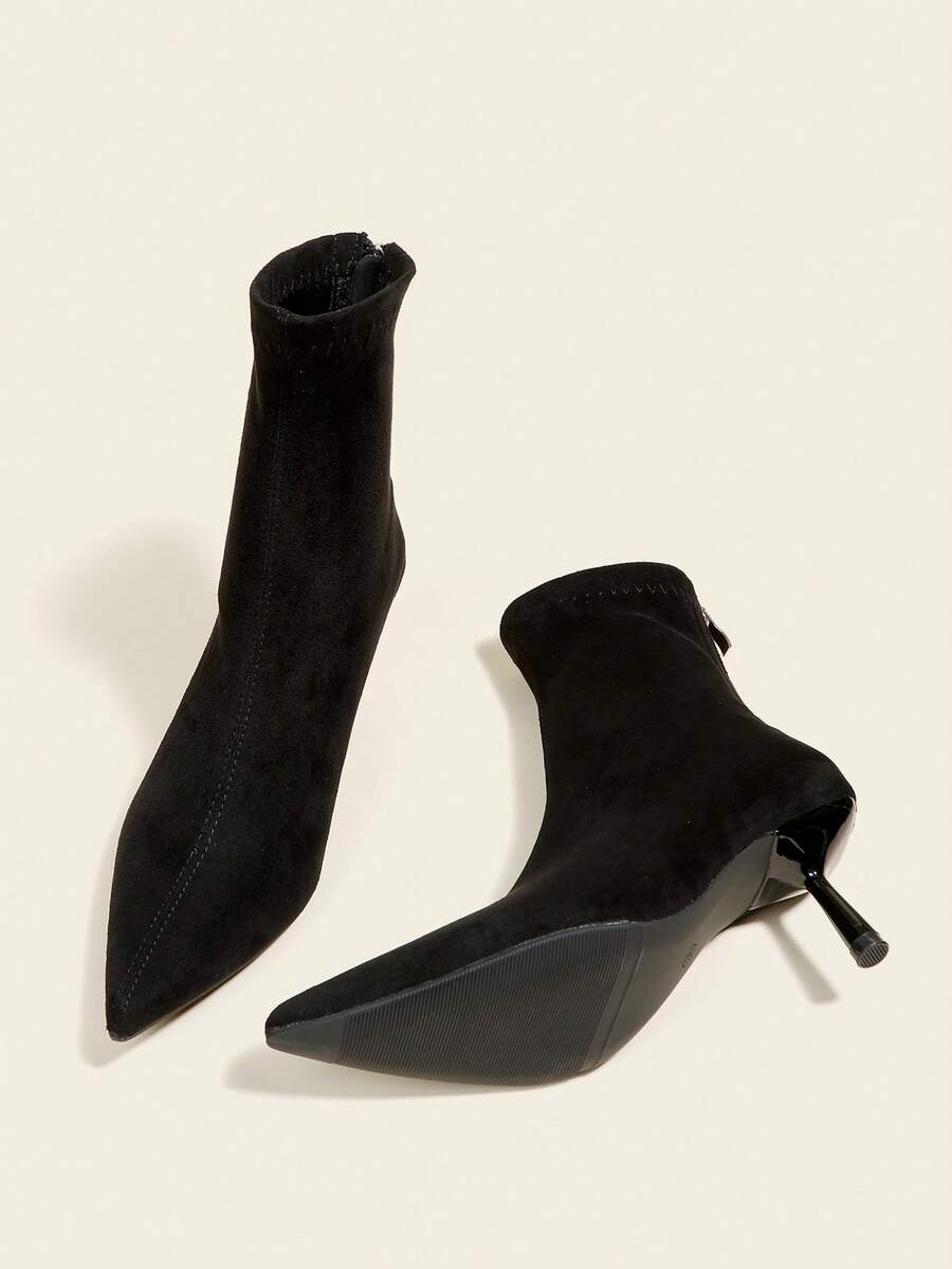 女士黑色踝靴和短靴，7厘米高跟，弹力修身靴子，舒适时尚尖头高跟鞋 - 黑色 - 查看 1