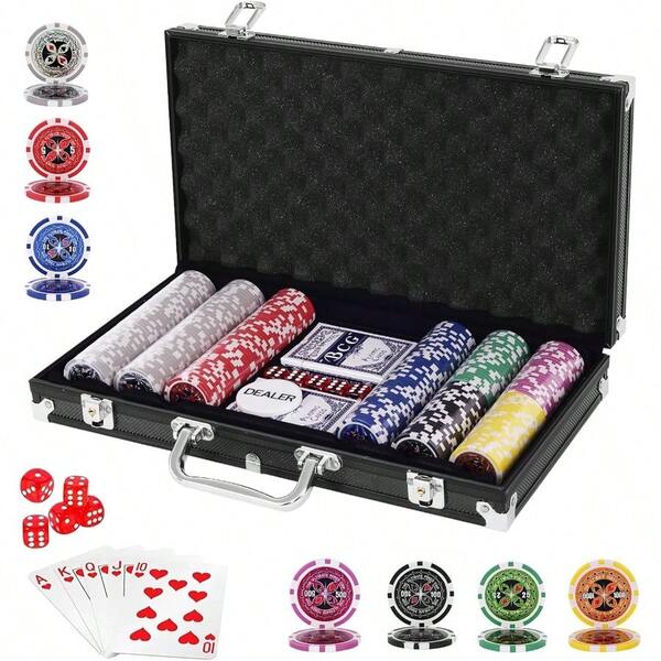 Costway 300 PCS Casino Poker Chip Set Texas Holdem Poker Chips W Lockable Aluminum Case 2 Deck Of Cards 5 Dices Dealer Button Complete Poker Chip Set Dice Cards For Partyand Picnic And Excursion